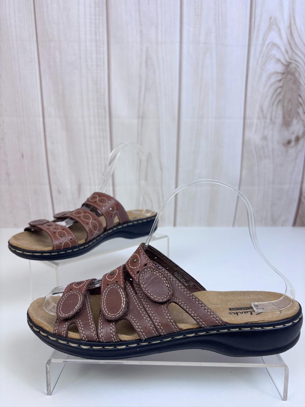 Clarks Leisa Cacti Q Leather Multi-Strap Slide Lightweight Sandals Brown Size 7